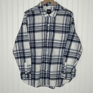 GAP Women Plaid Long Sleeve Button Up Shirt Classic Fit Blue White XL